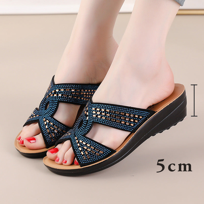 Retro Anti-Rutsch weiche Sohle Strass Keil Sandalen