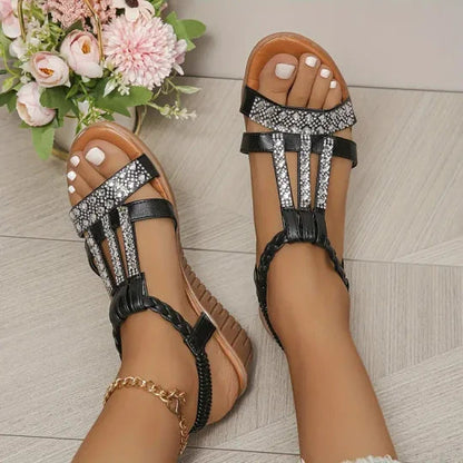 Neue zehenoffene Sommersandalen mit Strasssteinen für Frauen